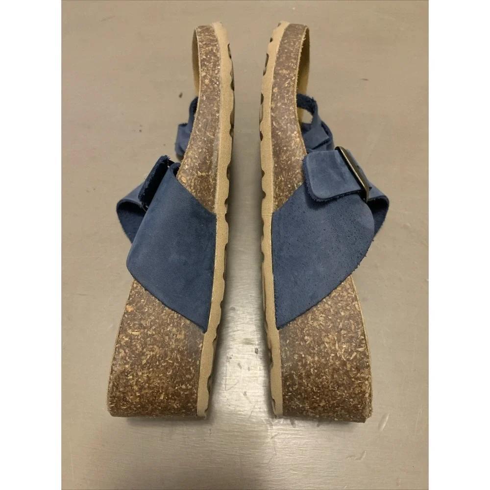 A Giannetti‎ Blue Leather Cork Wedge Sandals Womens Size 6.5 Made In Italy